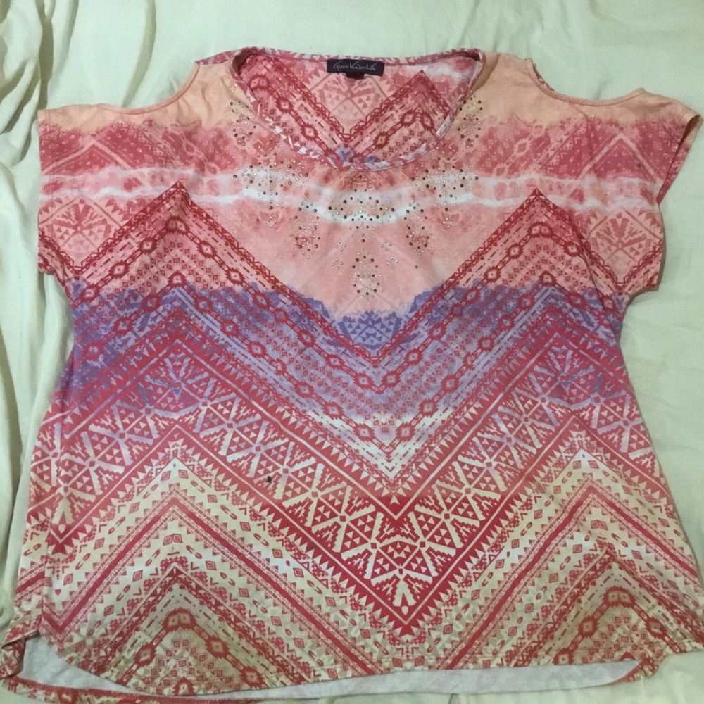 Pink Aztec Pattern Cut-Out Shoulder Top